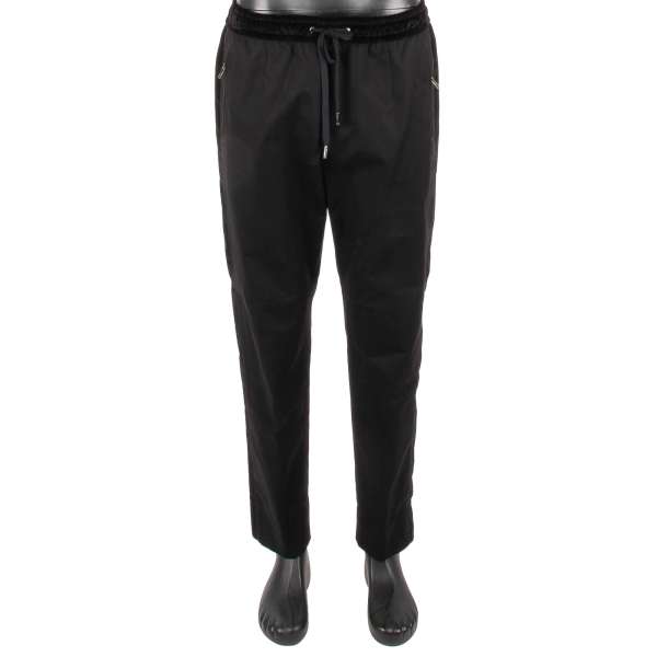 Cotton Chino Trousers with a contrast velvet stripes, elastic waist and zipped pockets by DOLCE & GABBANA