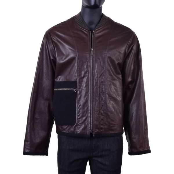 Stuffed bomber style lambskin jacket for Bodybuilder with knitted collar and placed outer pocket by DOLCE & GABBANA Black Line