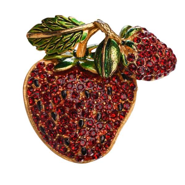 Filigrane Erdbeere Brosche mit handbemahlten Elementen und Kristallen in Gold, Rot und Grün von DOLCE & GABBANA