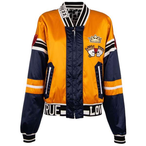 Oversize reversible Jacket / Bomber with Amore True Love is Forever writing, Infinito patches and embroidery in orange, blue, black and white by DOLCE & GABBANA 