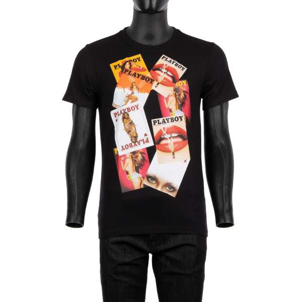 T-Shirt mit Print von verschiedenen PLAYBOY Magazin Covern vorne und mit Kristallen verziertem Playboy Skull Logo auf der Rückseite von PHILIPP PLEIN x PLAYBOY