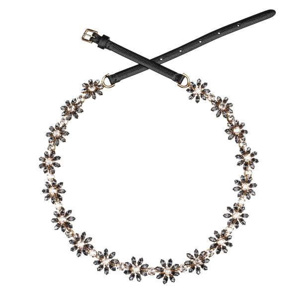 Chain - Belt embelished with crystal daisy flowers and dauphine textured leather in black and gold by DOLCE & GABBANA 