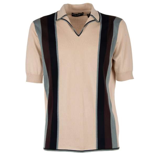 Silk Polo Shirt with stripes in beige, blue and brown by DOLCE & GABBANA