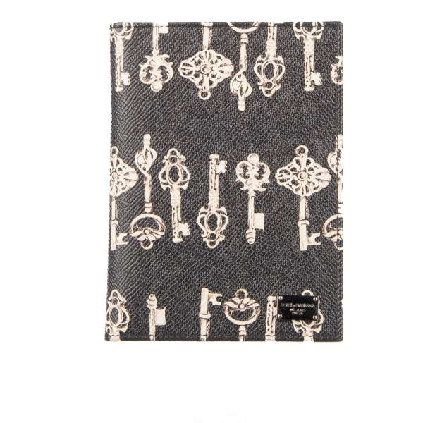 Keys printed large dauphine leather wallet with DG metal logo plate in black and beige by DOLCE & GABBANA