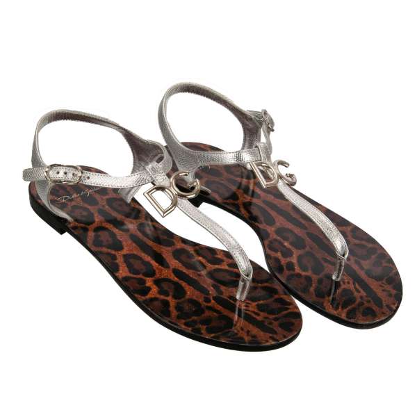 Leopard Print Leather Sandals INFRADITO embellished with DG metal Logo in silver by DOLCE & GABBANA 
