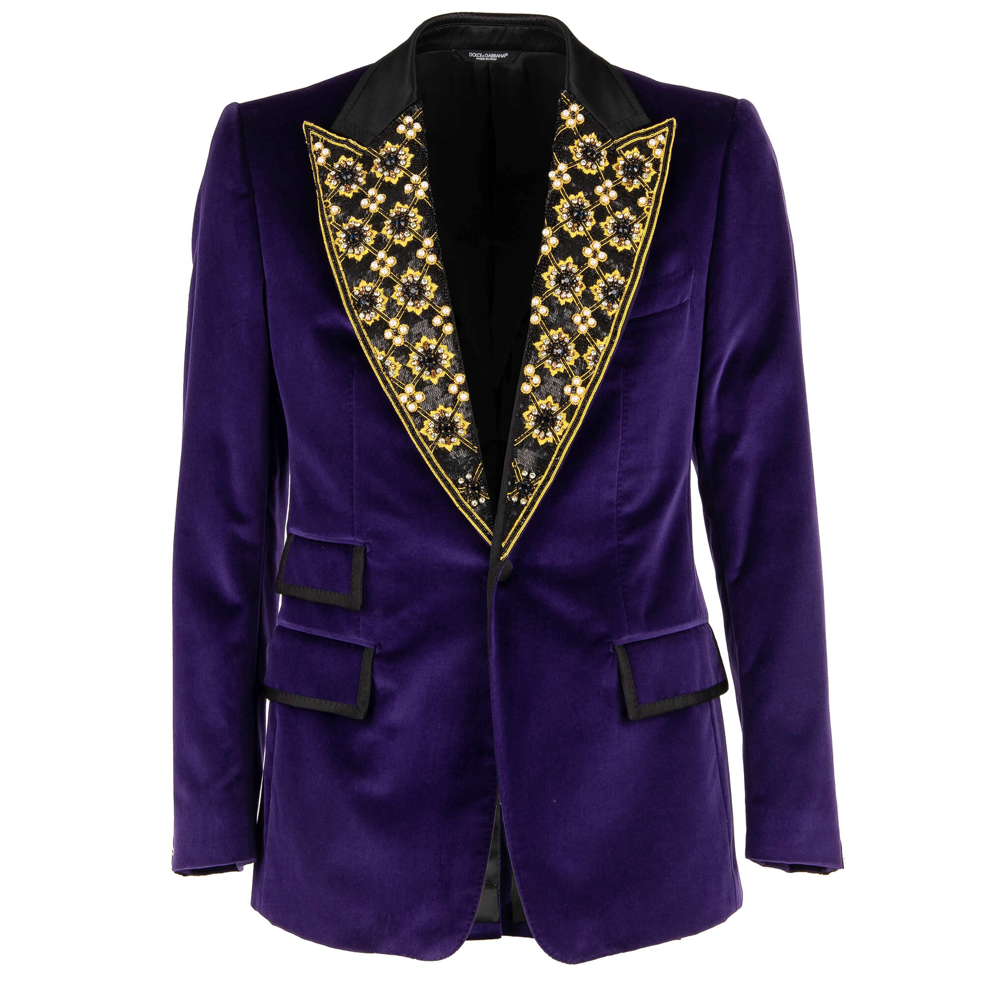 Dolce Gabbana Velvet Tuxedo Blazer with Crystals Pearls and Sequins Purple Black FASHION ROOMS