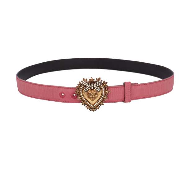 DEVOTION Moire silk and leather Belt embellished with Pearl Metal Heart in pink and gold by DOLCE & GABBANA 