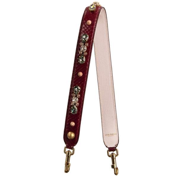 Dauphine and snake leather bag Strap / Handle with golden studs and crystal applications in bordeaux, pink and gold by DOLCE & GABBANA