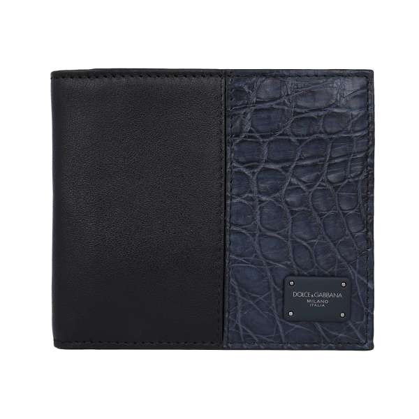 Crocodile and calf leather wallet with DG metal logo plate in black and blue by DOLCE & GABBANA