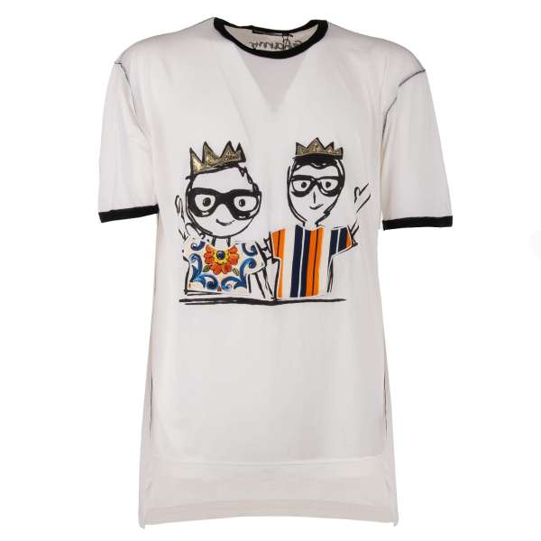 Dünnes Baumwolle T-Shirt mit Krone Stefano und Domenico Designer Print, Majolika Patches aus Seide in Weiß von DOLCE & GABBANA