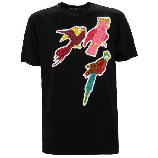 Baumwolle T-Shirt mit Papagei Krone Print Patches in Schwarz und Pink von DOLCE & GABBANA