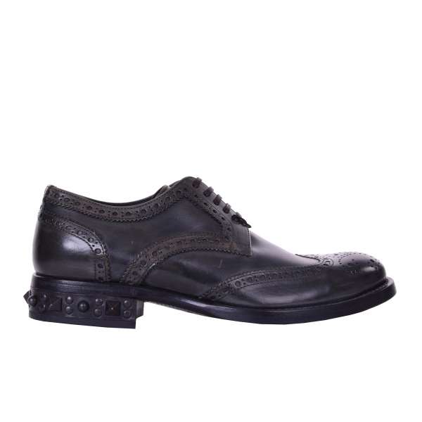 Brogues shoes with studded heel in khaki green mat leather by DOLCE & GABBANA