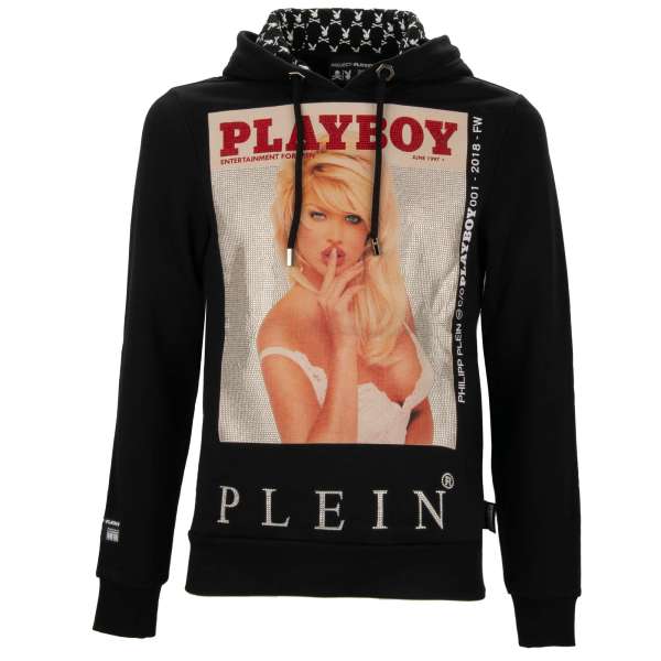 Hoody with a crystals graphic print of a magazine cover of of Victoria Silvstedt at the front and crystals embellished 'Playboy Plein' lettering printed at the back by PHILIPP PLEIN x PLAYBOY