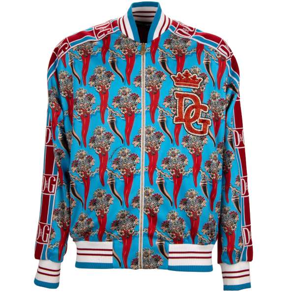 Pepper printed jacket with pearls and crystals embroidered DG crown logo, sleeves details with logo, DG DNA Patch on the back and zip pockets by DOLCE & GABBANA