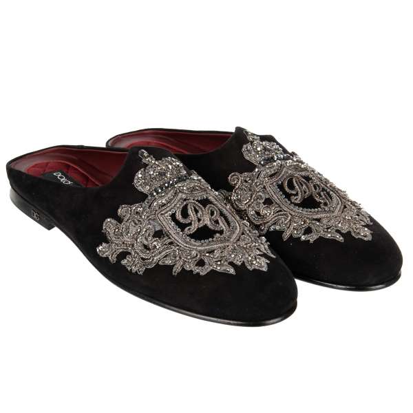 Suede slipper shoes YOUNG POPE with crystals and pearls hand made DG crown logo embroidery in black and silver by DOLCE & GABBANA