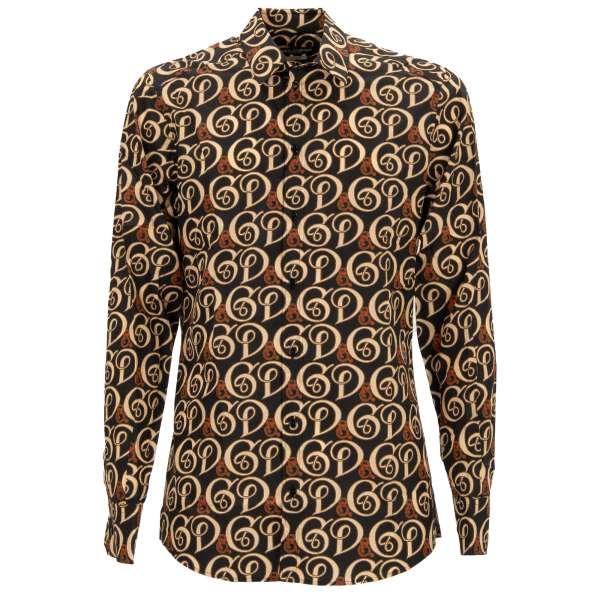 Cotton shirt with DG Logo Print in black and beige by DOLCE & GABBANA  - GOLD Line 