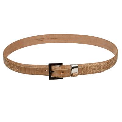 Silver Metal Buckle Croco Leather Belt Beige 95 38