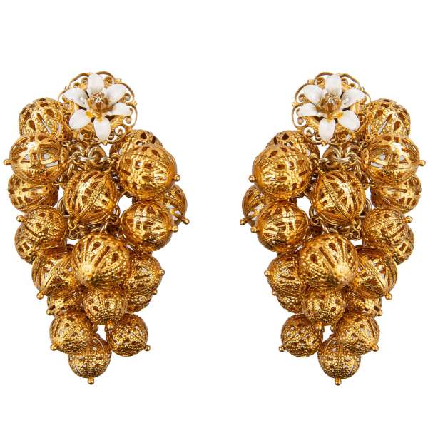 Grape Clip Earrings adorned with filigree balls and flower in white with crystal in gold by DOLCE & GABBANA