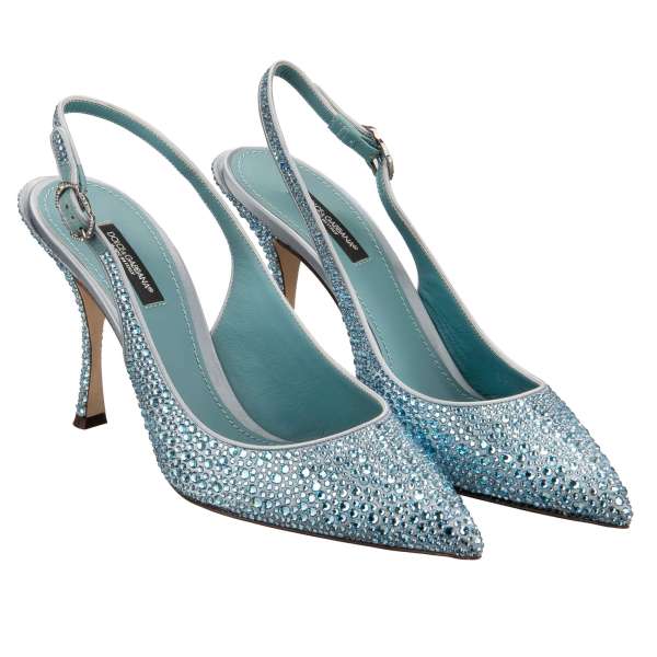 Pointed Decollete Silk and Leather Slingback Pumps LORI in blue covered with crystals by DOLCE & GABBANA