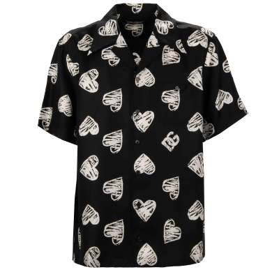 DG Logo Heart Short Sleeve Silk Shirt Black White