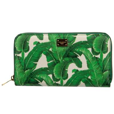 Palm Leaf Dauphine Leather Zip-Around Wallet Purse Green White