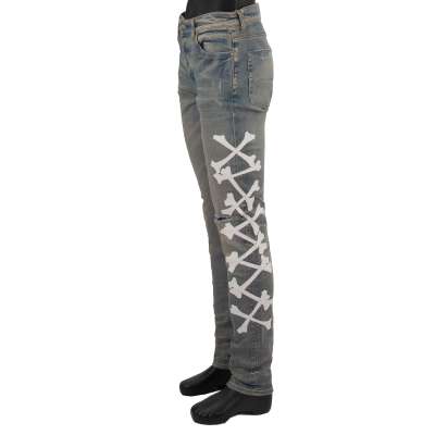 Bones Applique Skinny Jeans with Leather Applications Indigo Blue White