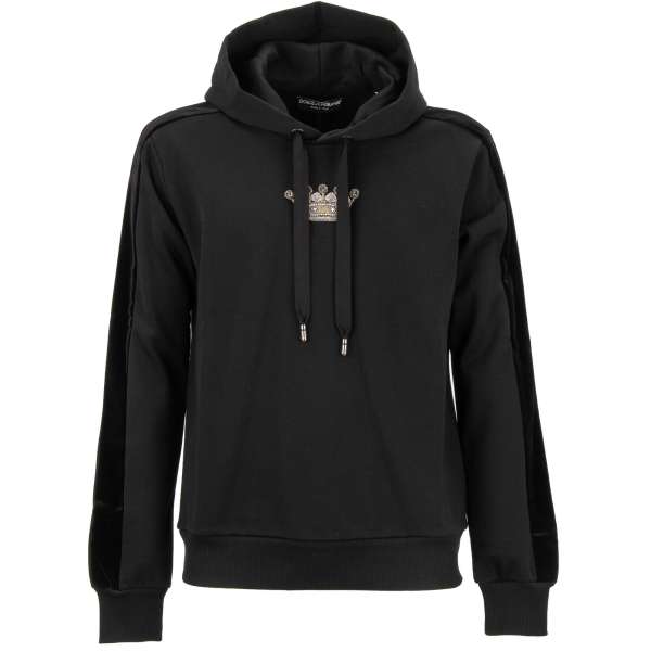 Baumwolle Hoodie / Kapuzenpullover mit Krone und DG Logo Stickerei und Ärmeln aus Samt von DOLCE & GABBANA