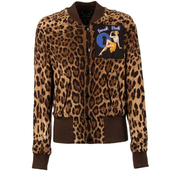 Leopard printed bomber jacket with SNEAK PEEK Patch, pockets and knit and leather details by DOLCE & GABBANA