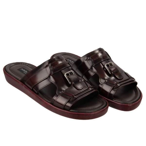 Patent leather slide sandals MEDITERRANEO with textured logo and buckle by DOLCE & GABBANA