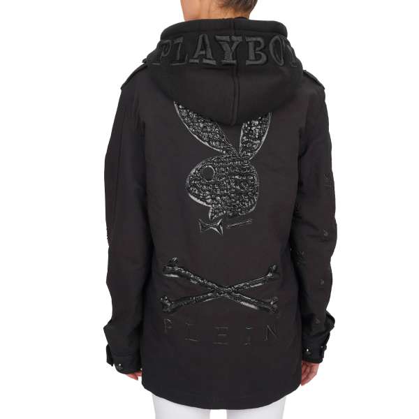 Oversize parka jacket with separate removable hoody jacket, embroidery, Philipp Plein Playboy logo print and crystals lettering by PHILIPP PLEIN x PLAYBOY