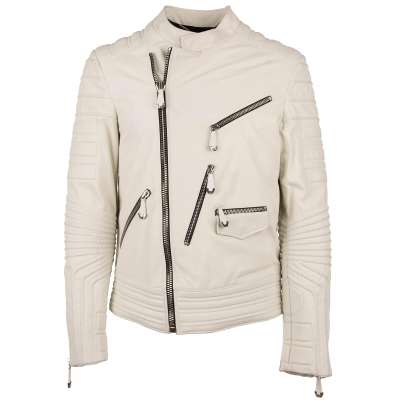 Biker Leather Jacket BREATHE with Logo and Zip Pockets White M