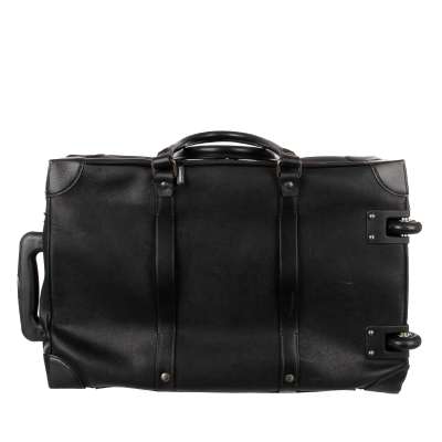 Exclusive Vintage Leather Suitcase Trolley Case with Zip Closure Black