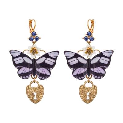 Crystal Butterfly Heart Locket Earrings Gold Purple