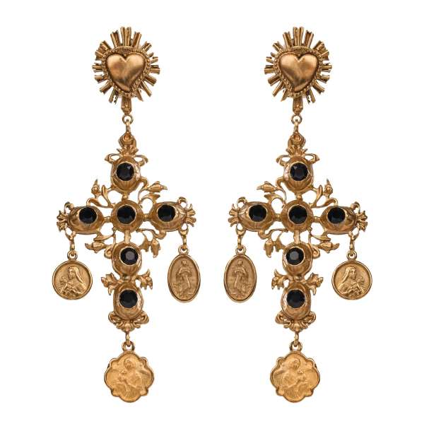 Baroque Antique Clip Earrings adorned with Sacred Heart, Madonna pendants and crystals in gold and black by DOLCE & GABBANA