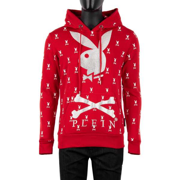 Kapuzenpullover / Hoodie mit durchgehendem Bunny Skull Logo Print in Weiß und großen Logo aus Kristallen vorne und mit besticktem 'Playboy' Schriftzug auf der Rückseite von PHILIPP PLEIN x PLAYBOY