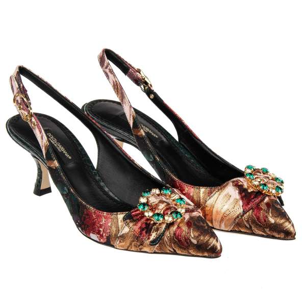 Spitzform Slingbacks Pumps LORI aus Jacquard mit Kristallen Brosche in Grün und Pink von DOLCE & GABBANA