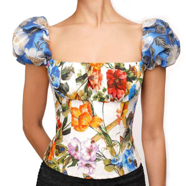  Corsage Top with Flower and lizard print and ballon sleeves in white, orange and blue by DOLCE & GABBANA