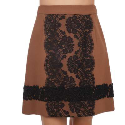 Floral Lace Virgin Wool Skirt Brown