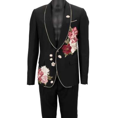 Pfingstrose Stickerei Seide Anzug Jacke Hose Schwarz Pink 50 40 M 