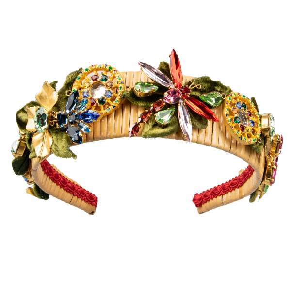 Rattan Headband with crystals, metal and velvet leaves and dragonflies in beige and gold by DOLCE & GABBANA