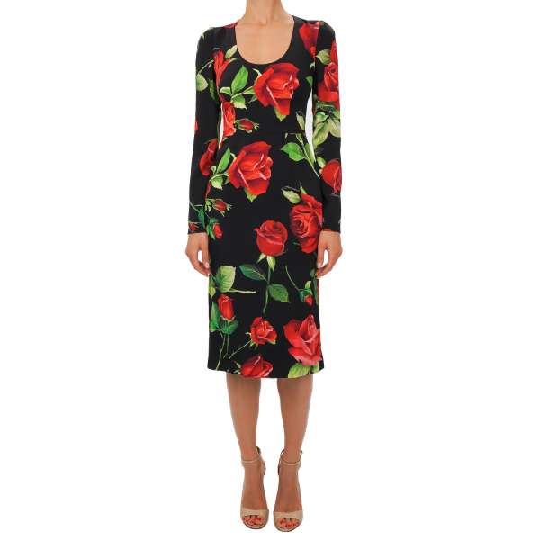 Silk dress with roses print in black, red and green by DOLCE & GABBANA