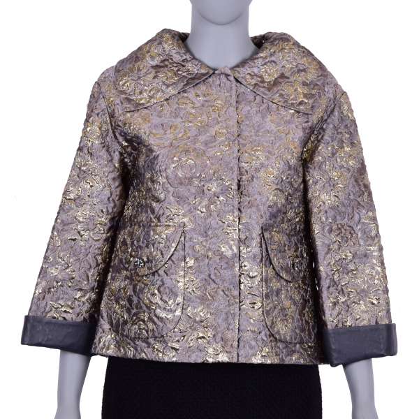 Baroque Jacket of jacquard fabric and lamb leather with hidden button tape and crystal brooches by DOLCE & GABBANA Black Line