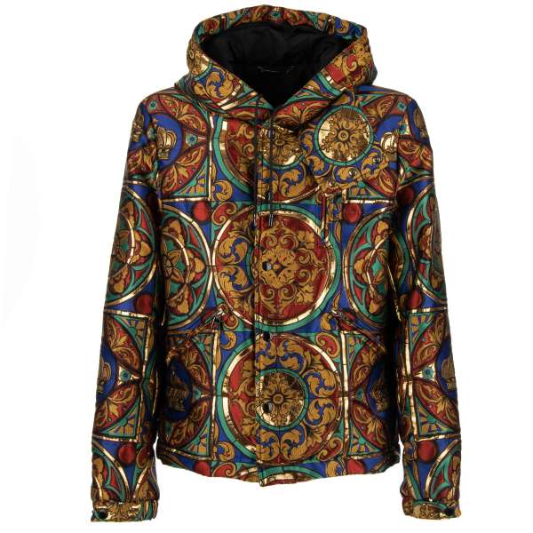 Crown and heraldry printed stuffed lurex jacket with hoody and zipped pockets by DOLCE & GABBANA