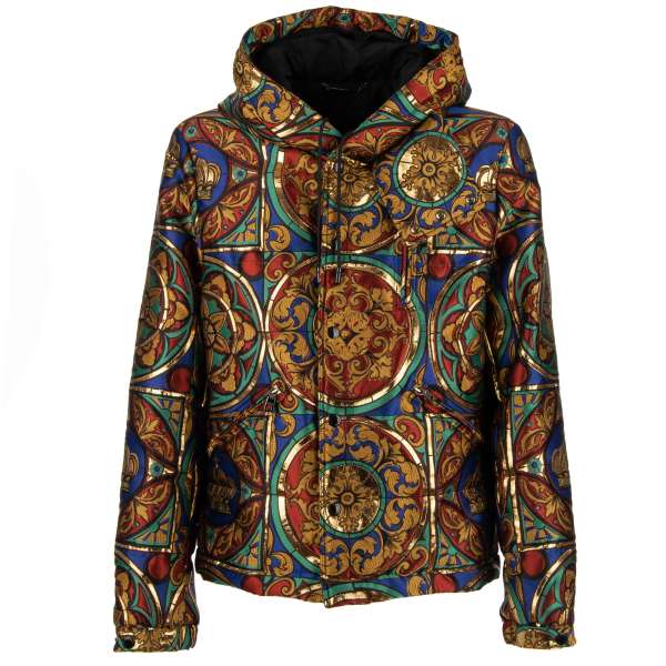 Gefütterte Jacke aus Lurex mit Kronen und Wappen Print, Kapuze und Tasche mit Reißverschluss von DOLCE & GABBANA