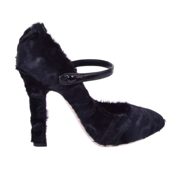Astrakhan fur and crocodile leather pumps MARY JANE with a high heel by DOLCE & GABBANA Black Label
