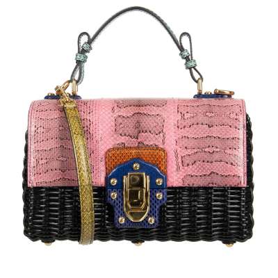 Schultertasche LUCIA aus Raffia und Schlangenleder Schwarz Pink