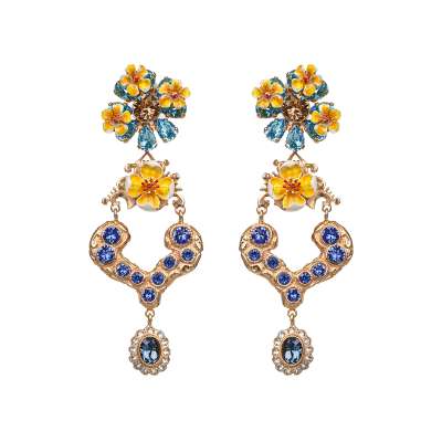 Flower Crystal Pendant Clip Earrings Blue Gold