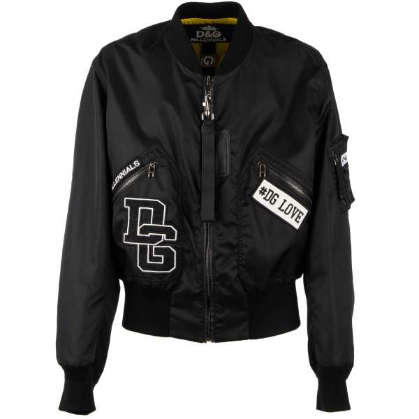 Light reversible oversize bomber jacket "DG Prince" with many pockets and DG applications in black and yellow by DOLCE & GABBANA