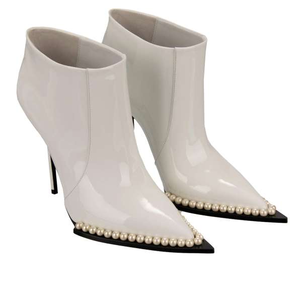  Patent Leather Boots CARDINALE with faux pearls embellishments in white by DOLCE & GABBANA