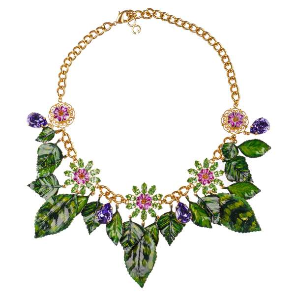 Chocker necklace with hand-painted leaves, cherry flowers, crystals and DG logo pendant in purple, green and gold by DOLCE & GABBANA